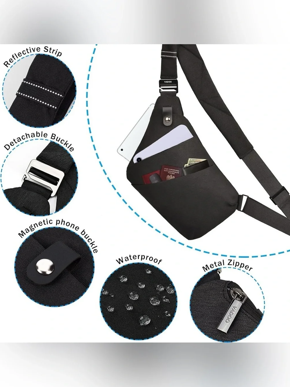 VADOO Sling RFID Blocking Bag Anti-theft Crossbody Shoulder Black Unisex